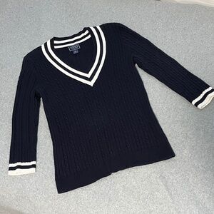 Chaps Navy V-Neck Cable Knit Sweater with White Trim Accents
